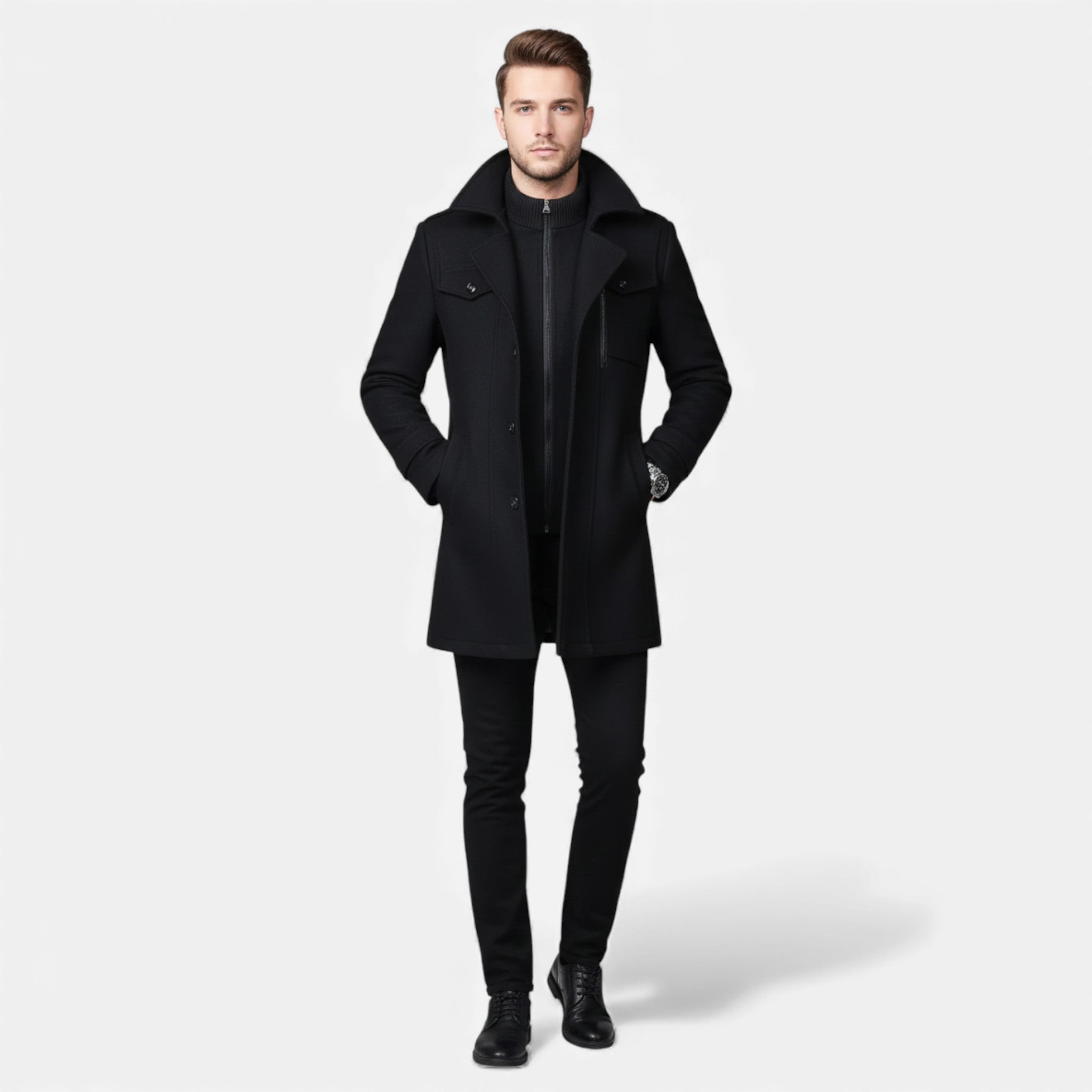 Rocal Outlet | Abrigo Largo de Hombre – Elegancia Vintage con Cuello en Contraste