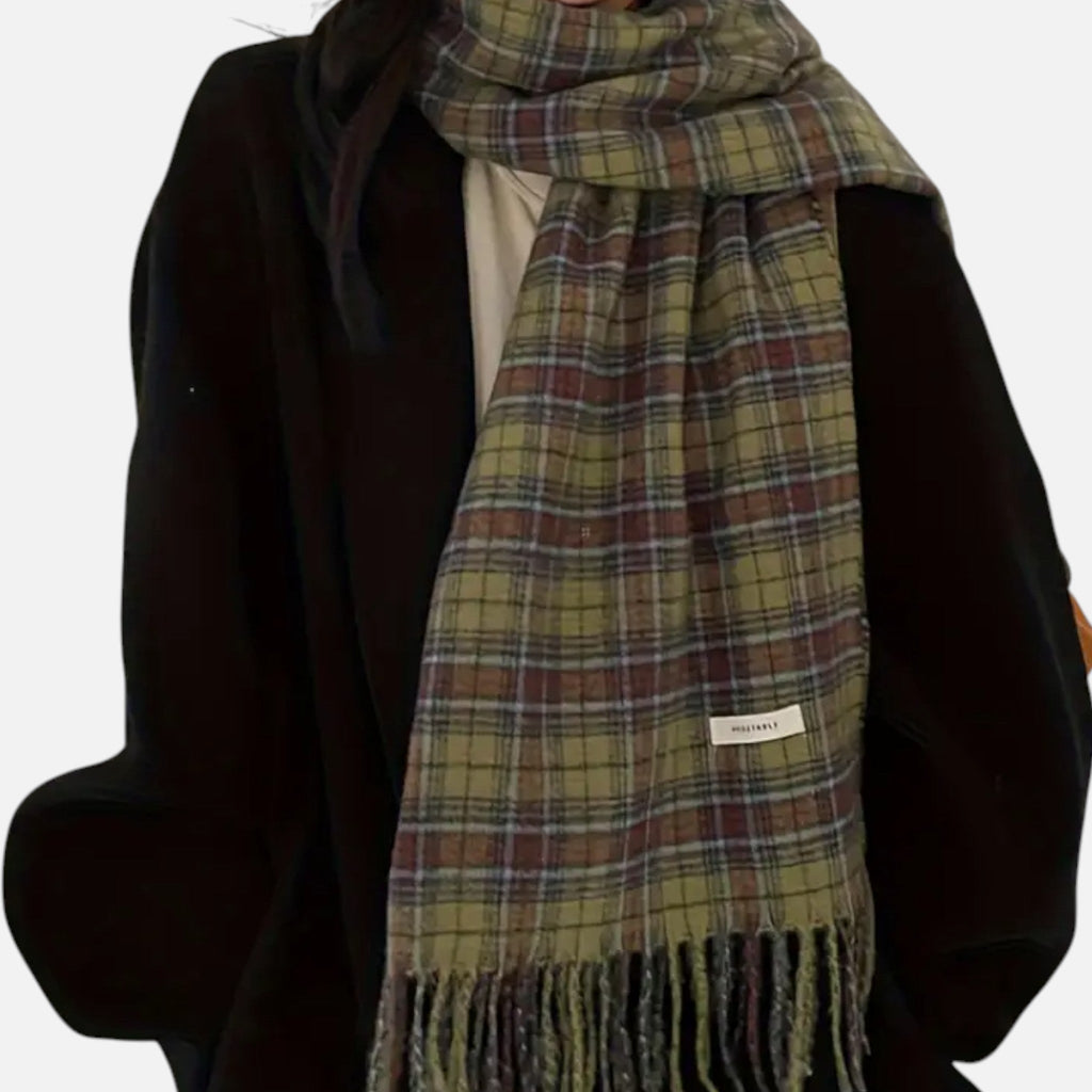 Rocal Outlet | Women’s Green Plaid Scarf – Soft Tassel Shawl Elegance
