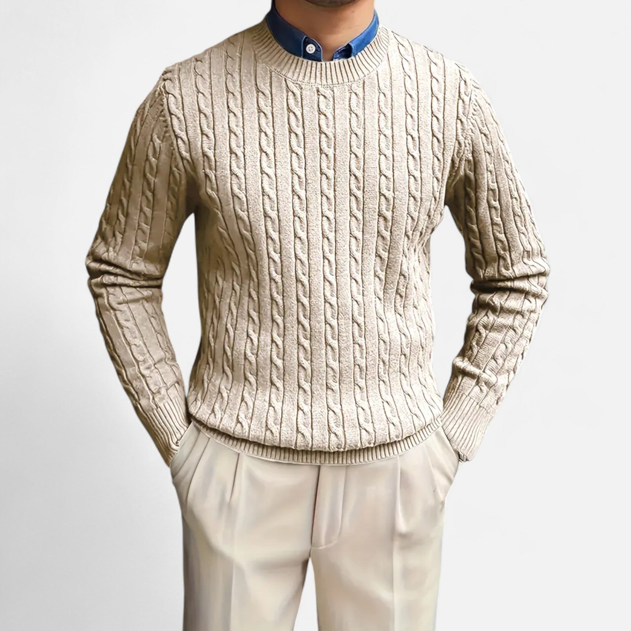 Rocal Outlet | Men’s Round Neck Twisted Rope Knit Sweater – Classic Cable Jumper