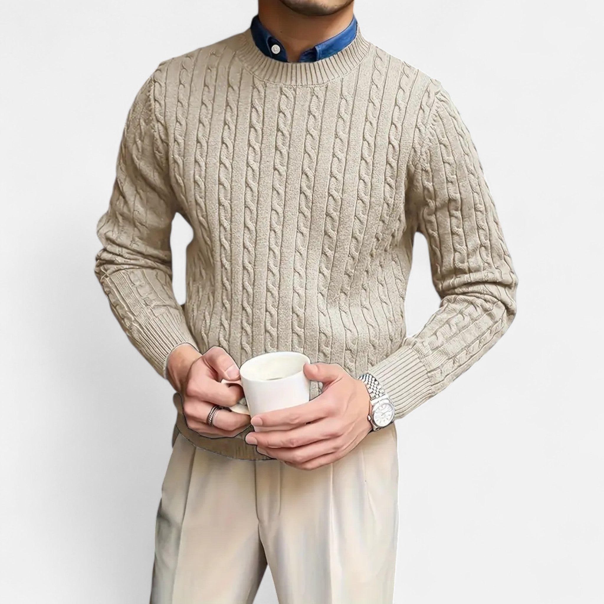 Rocal Outlet | Men’s Round Neck Twisted Rope Knit Sweater – Classic Cable Jumper