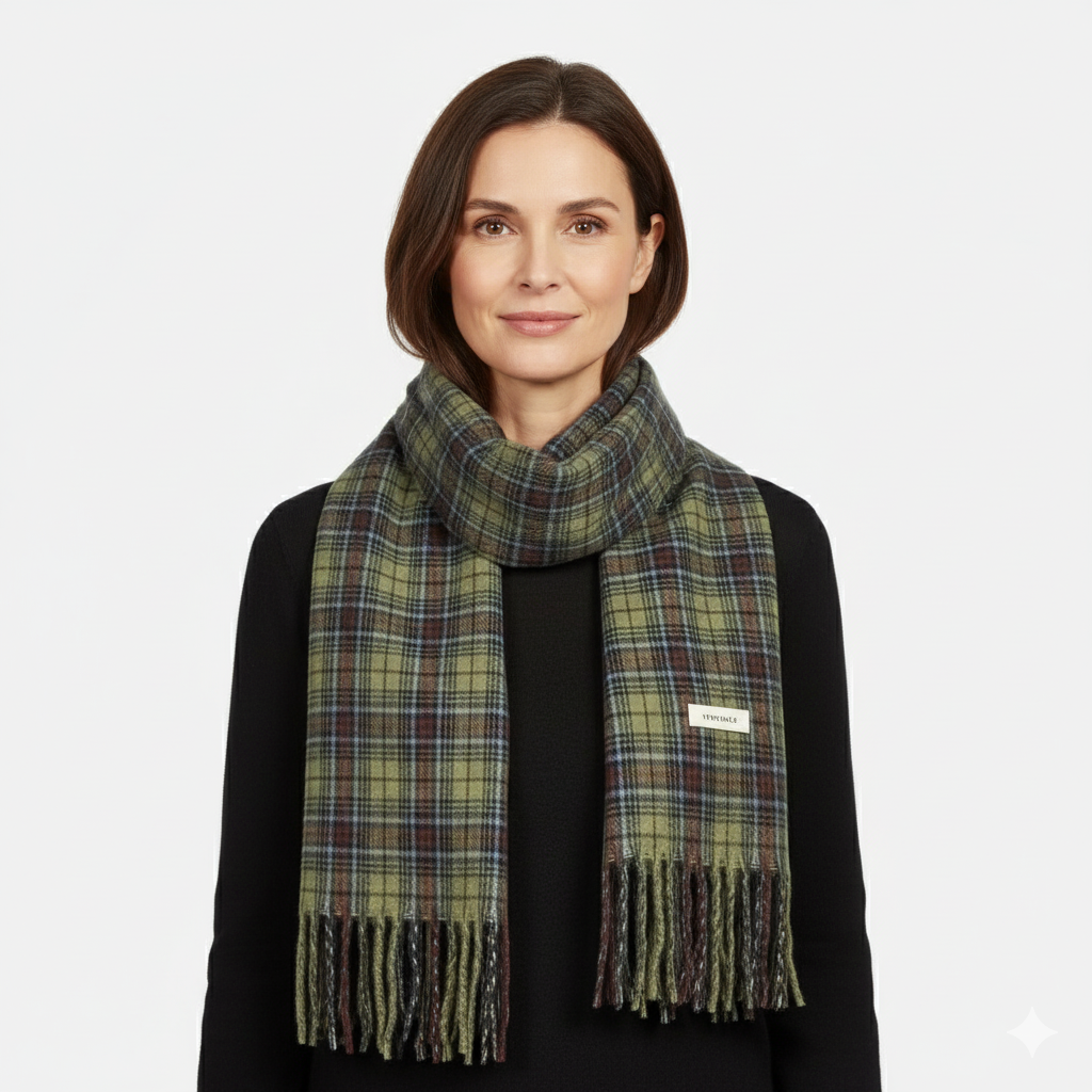 Rocal Outlet | Women’s Green Plaid Scarf – Soft Tassel Shawl Elegance